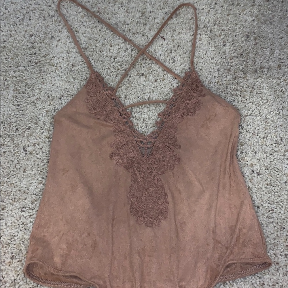 Camel suede and lace deep V onesie